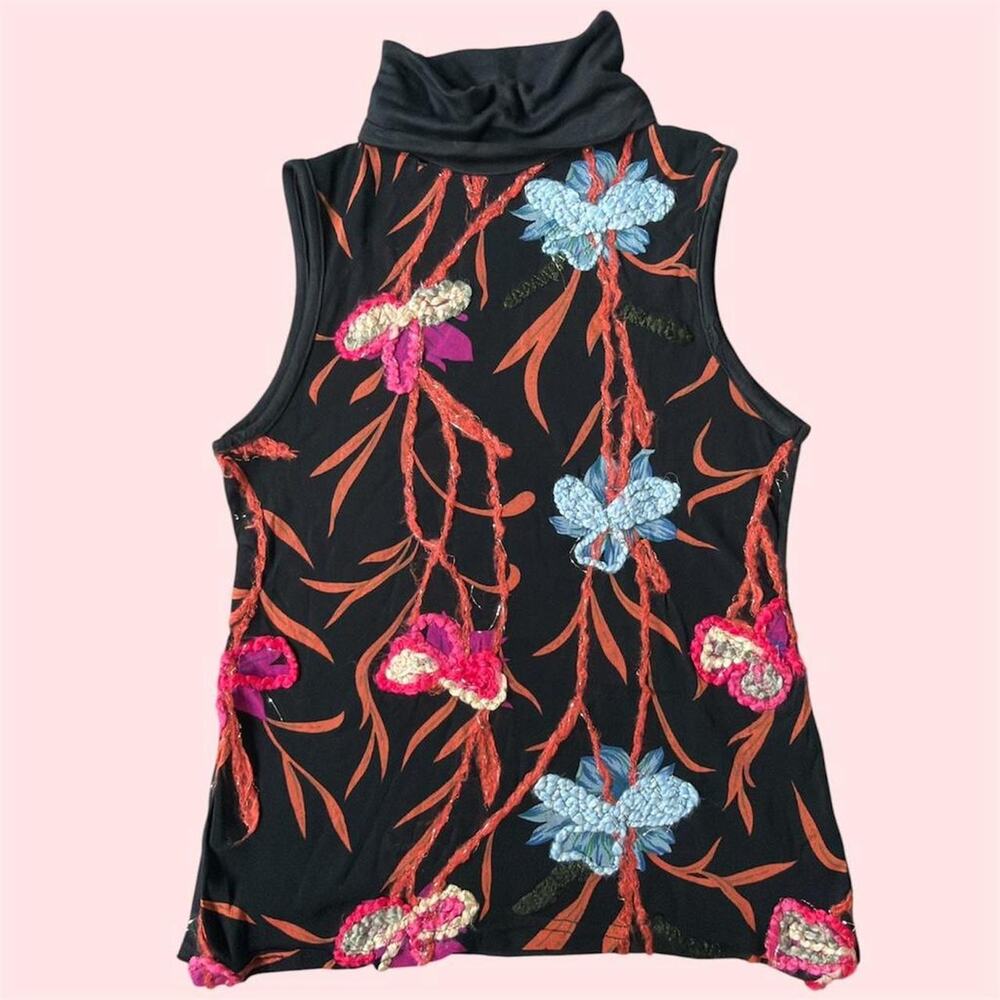 Euro black sleeveless top with dragonfly and flower embroidery